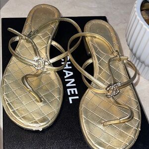 CHANEL Gold Quilted Leather Thong Sandals with CC Hardware
